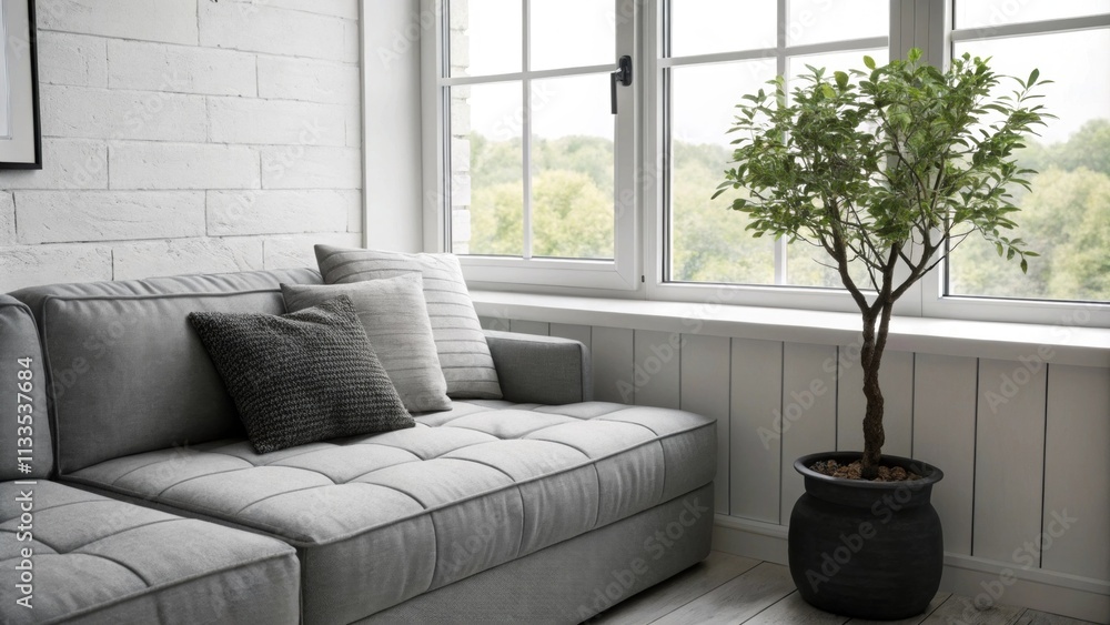 Poster the room embraces a refined blackandwhite aesthetic showcasing a contemporary modular couch. a large