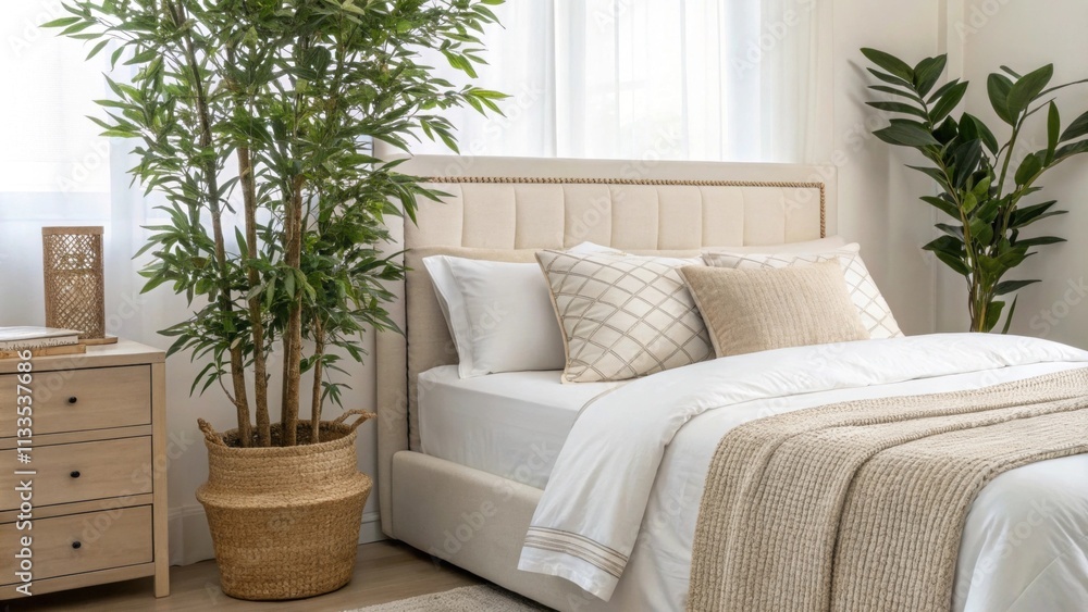 Poster a bright and airy bedroom adorned with crisp linens and neutral hues highlighted by a towering lush 