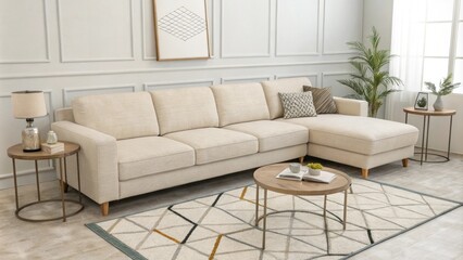 Obraz premium The minimalist space showcases a linear sectional sofa arranged against a wall accompanied by a simple geometric rug. A pair of matching side tables flanks the sofa