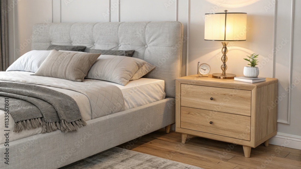 Poster an inviting scandinavian bedroom showcasing a soft gray bedframe and a light wood nightstand highlig