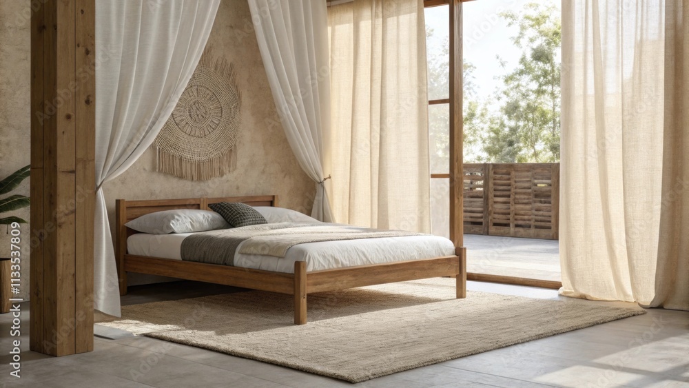 Poster a minimalist bedroom design centers around a sy wooden bed frame complemented by a plush neutral are