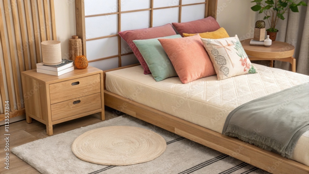 Poster a tranquil sleeping environment with a soft cushioned bed accented by colorful pillows alongside a s
