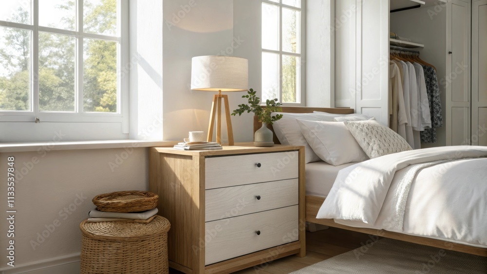 Poster sunlight streams through a window illuminating a serene bedroom with white bedding complemented by a