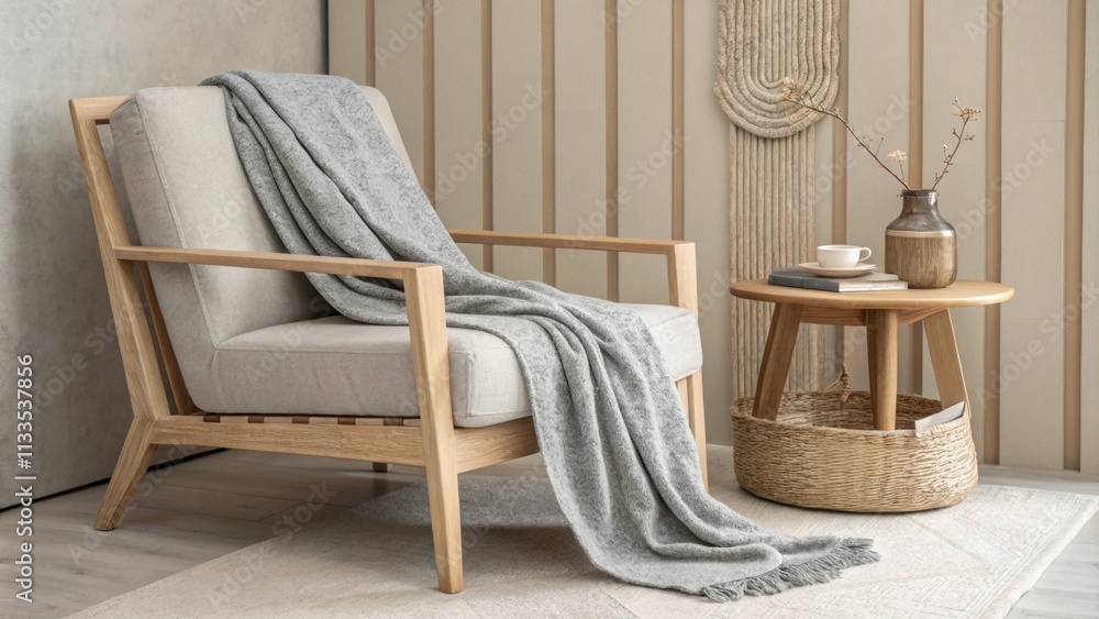 Aufkleber a tranquil reading nook with a light wood armchair draped in soft gray throw blankets positioned nex