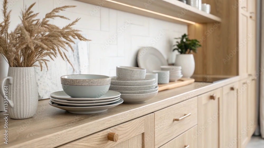 Poster an elegant interior featuring light wood cabinetry in a kitchen paired with soft gray dishware displ