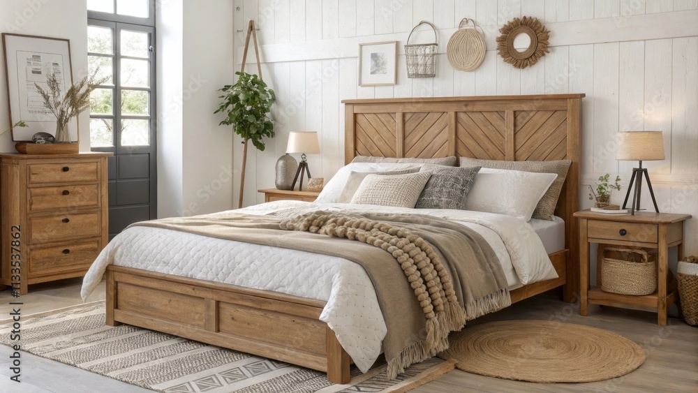 Aufkleber A charming Scandinavianinspired bedroom adorned with a handcrafted wooden headboard neutral textiles and practical furnishings that enhance the sense of calm and simplicity.