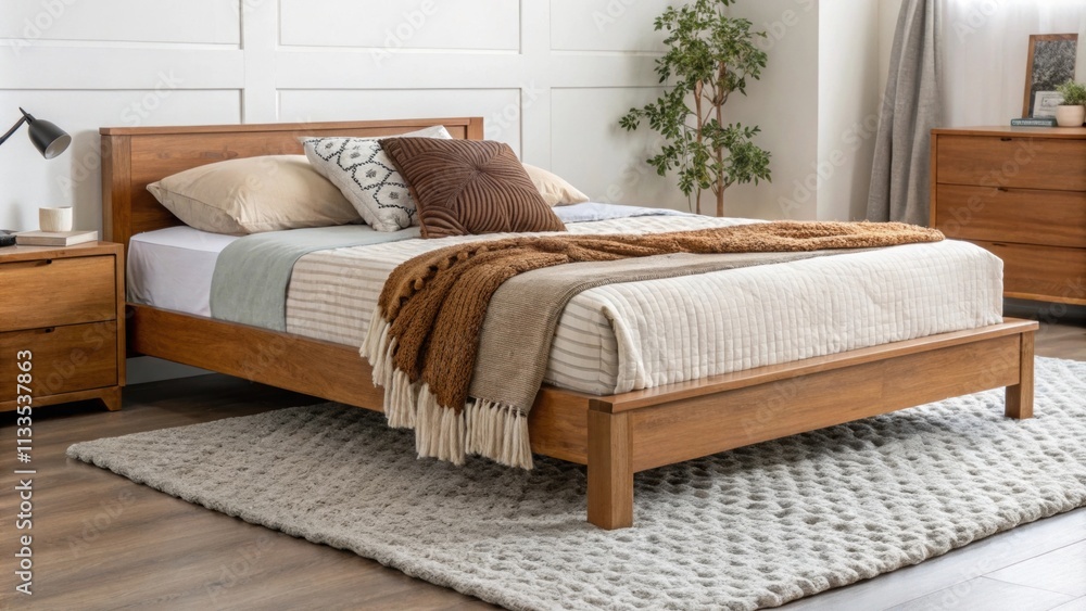 Poster The warm tones of a wooden platform bed are complemented by a textured light gray area rug with an array of cozy layered textiles adding depth and comfort.