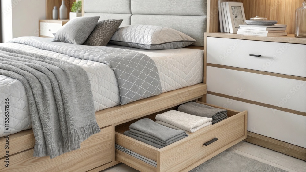 Aufkleber a stylish nordicinspired bedroom emphasizing comfort featuring a variety of gray textile layers on t