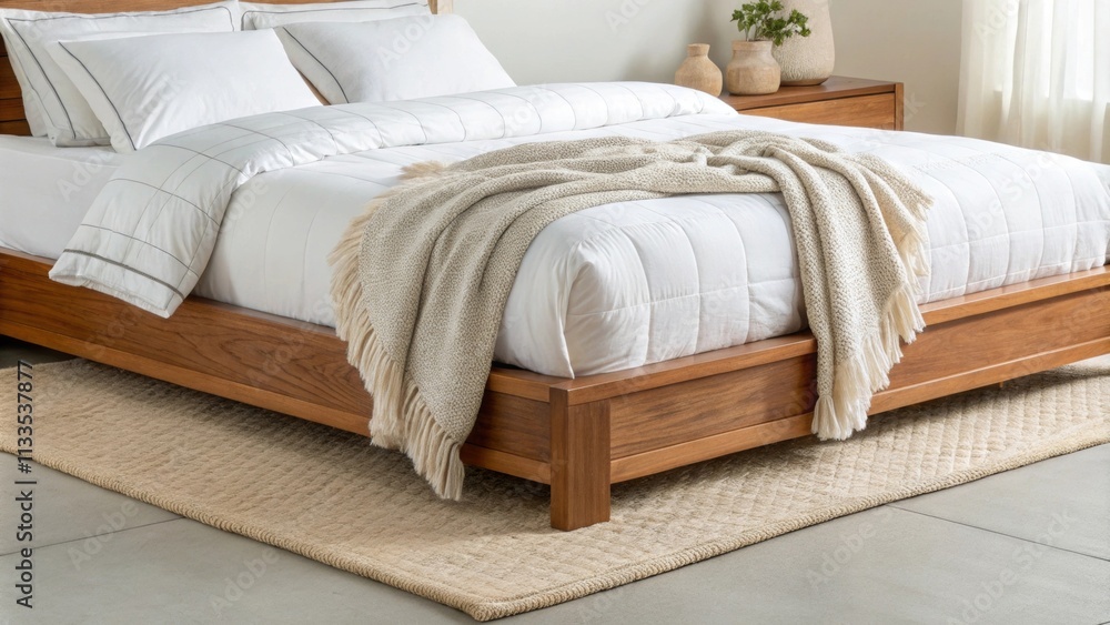 Poster A stylish wooden platform bed showcases crisp linens and a fluffy duvet resting on a simple neutralhued area rug with additional textiles draped artistically over the bed.