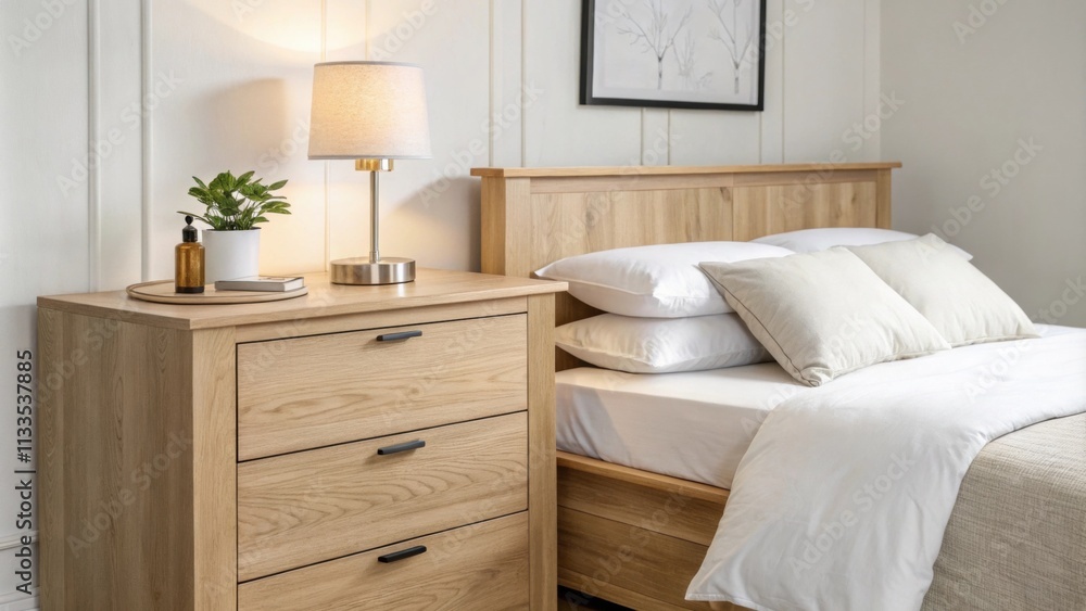 Poster A tranquil minimalist bedroom characterized by a light wood dresser and a small unadorned lamp with a neatly arranged bed that has white linens and no additional