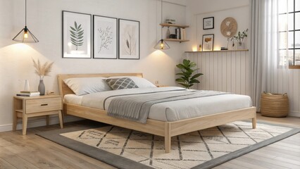 A stylish Scandinavianinspired bedroom featuring a light wood platform bed simple art pieces and neutral color palettes all illuminated by soft warm lighting that creates a
