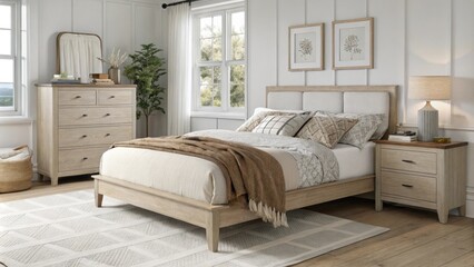 Fototapeta premium An elegant bedroom design with a wooden platform bed adorned with subtle textures and layered textiles paired with functional furniture like a minimalistic dresser and a