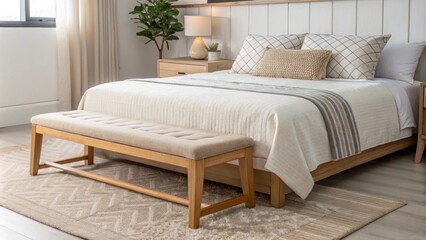 A serene bedroom designed with a focus on simplicity highlighting a lightcolored bedspread a wooden bench for seating at the foot of the bed and a harmonious blend of