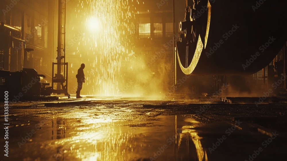 Aufkleber Molten metal cascades into casting molds, creating sparks and flames in an industrial hall, illuminating the space during nighttime work. Generative AI