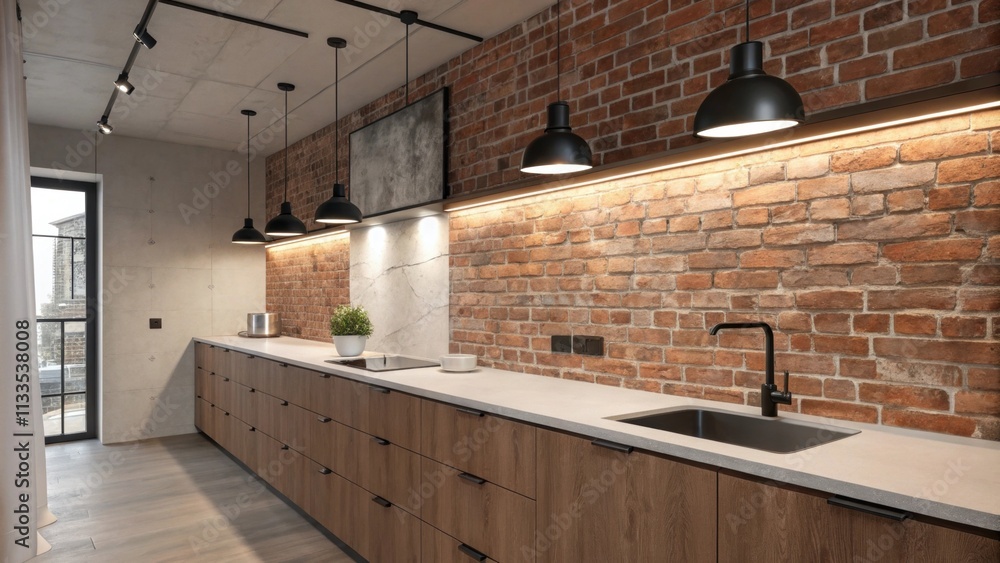 Poster An inviting loft environment with rugged brick walls juxtaposed against smooth polished countertops all enhanced by sleek modern industrial lighting fixtures that add an