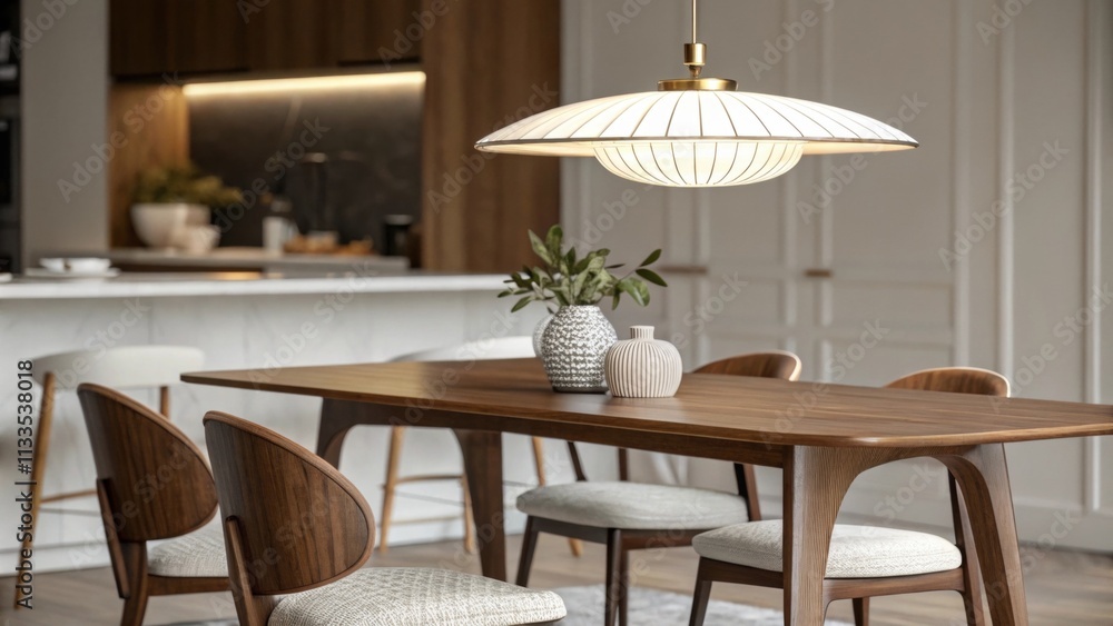 Poster an elegant dining space with a polished wooden table and slender chairs highlighted by a unique mode