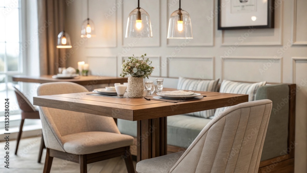 Poster The cozy dining nook showcases a beautifully stained teak table complemented by soft cushioned chairs in muted tones illuminated by gentle pendant lighting.