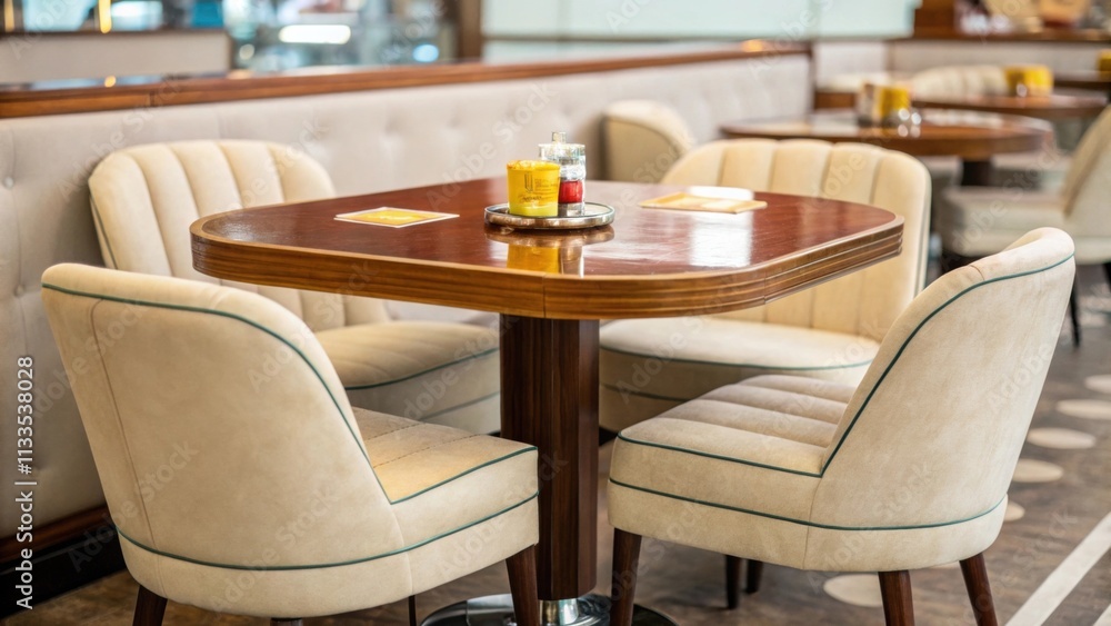 Poster the retro dining area showcases a polished teak table at its center complemented by plush upholstere