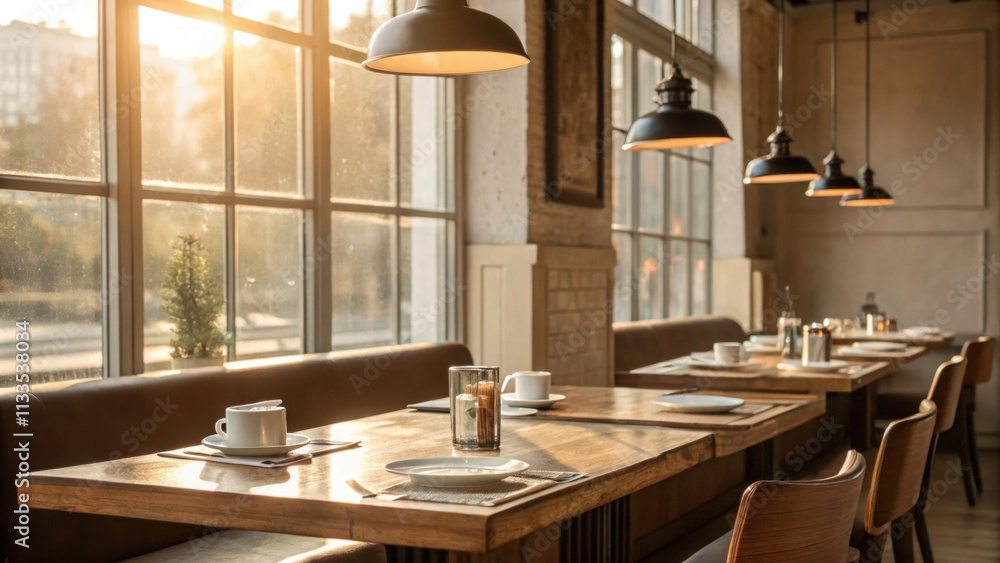 Aufkleber Sunlight filters through large windows casting warm tones on a polished wood dining table set with understated tableware complemented by sleek retro lighting fixtures above.