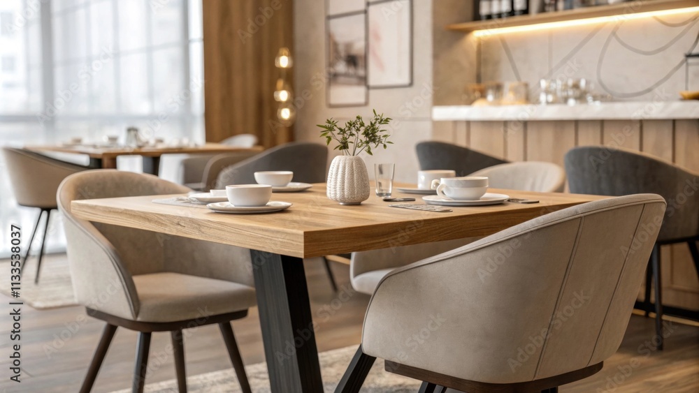 Poster an inviting dining area defined by a substantial wooden table and sleek curvedback chairs complement