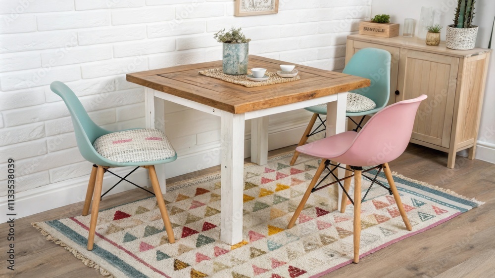 Poster a stylish room with a charming square table made of reclaimed wood paired with colorful vintageinspi