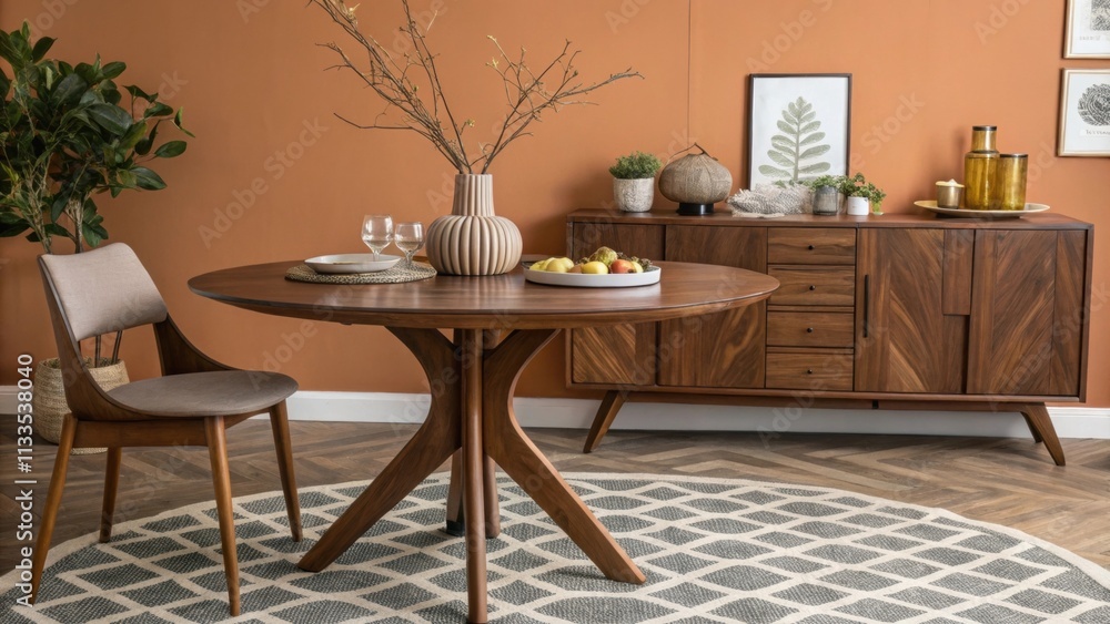 Aufkleber The dining area features a rich walnut table set against a backdrop of warm earthy tones complemented by a stylish vintage sideboard adorned with decorative items and a