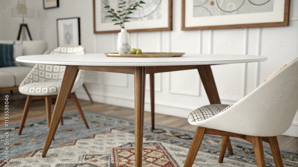 Poster in a stylish retro dining area a classic oval table rests on a patterned rug its tapered wooden legs