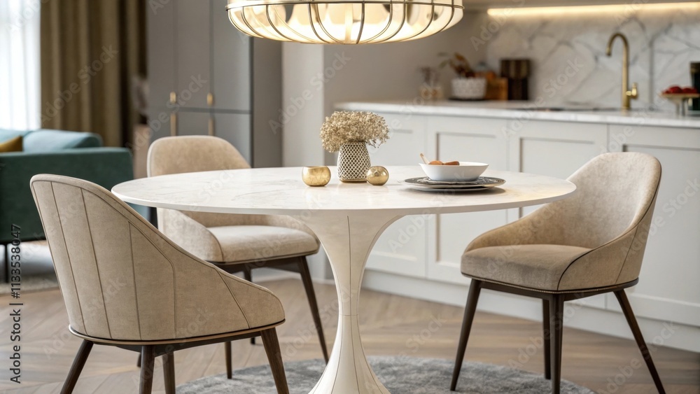 Poster A sleek dining setup featuring a vintage round table with a smooth finish surrounded by chic upholstered chairs accented by a distinctive midcentury light installation that