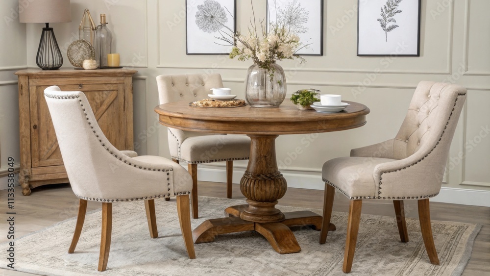 Poster A cozy dining nook presenting a refined wood table surrounded by stylish chairs set against a backdrop of neutral tones and adorned with subtle decor elements such as a vase