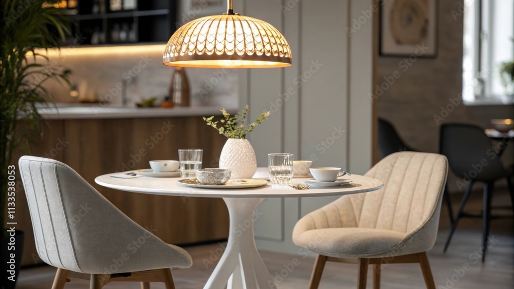 Poster The dining space showcases a stylish round table surrounded by minimalist seating all arranged beneath an eyecatching pendant light that casts a warm glow creating an