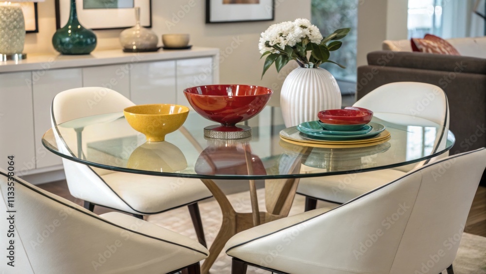 Poster a modern retro dining room featuring a polished glasstop table sleek minimalist chairs and a bright 