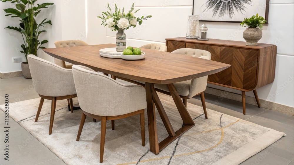 Fototapete the interior design of the room is centered around a substantial walnut dining table circled by comf