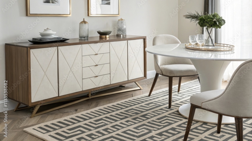 Poster a refined dining nook with a streamlined sideboard positioned next to a contemporary table. the sere
