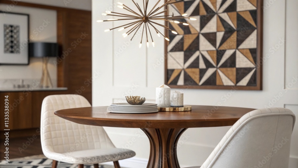 Poster An inviting dining nook showcasing a polished teak table complemented by striking geometric wall art and a unique chandelier in a midcentury style creating a stylish