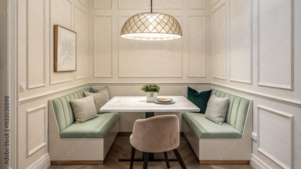 Poster A cozy yet sophisticated dining nook defined by a rectangular table soft cushions and subtle green accents highlighted by a bold sculptural pendant light that contrasts with