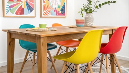 A charming retro dining table made of wood is highlighted by a variety of bright modern chairs alongside colorful abstract artwork that injects energy into the space.