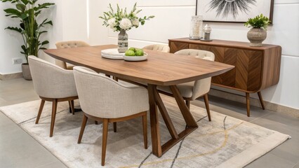 The interior design of the room is centered around a substantial walnut dining table circled by comfortable upholstered chairs with striking decorative elements that create