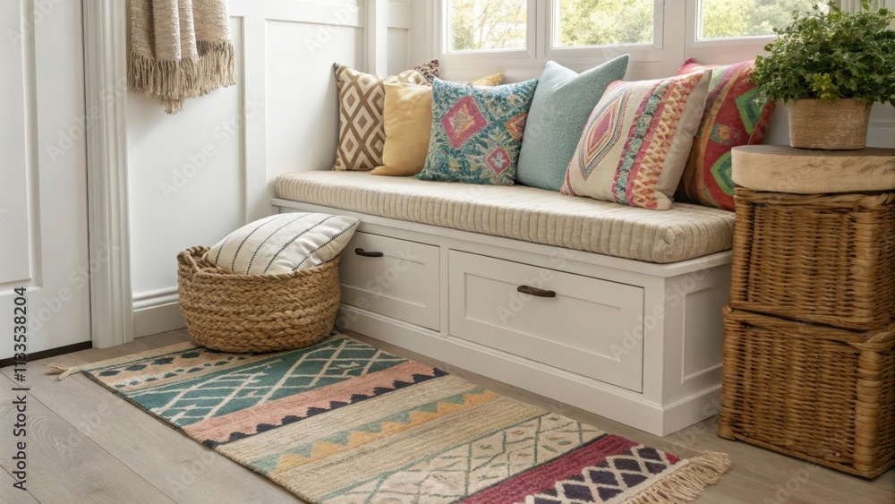 Aufkleber A serene nook displaying a beautifully woven bench with an eclectic mix of colorful pillows while diverse layered rugs add depth and character to the floor.