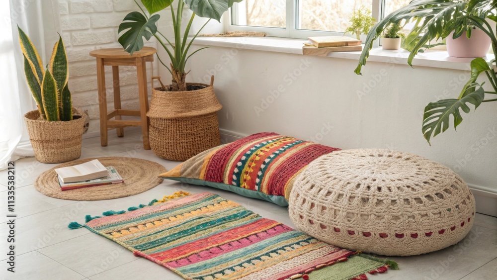 Poster a bright and airy reading space highlighted by colorful woven textiles and a large floor cushion com