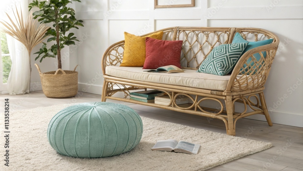 Poster A serene reading area showcasing a stylish rattan bench filled with an assortment of bright cushions alongside a generous oversized pouf p on a plush rug.