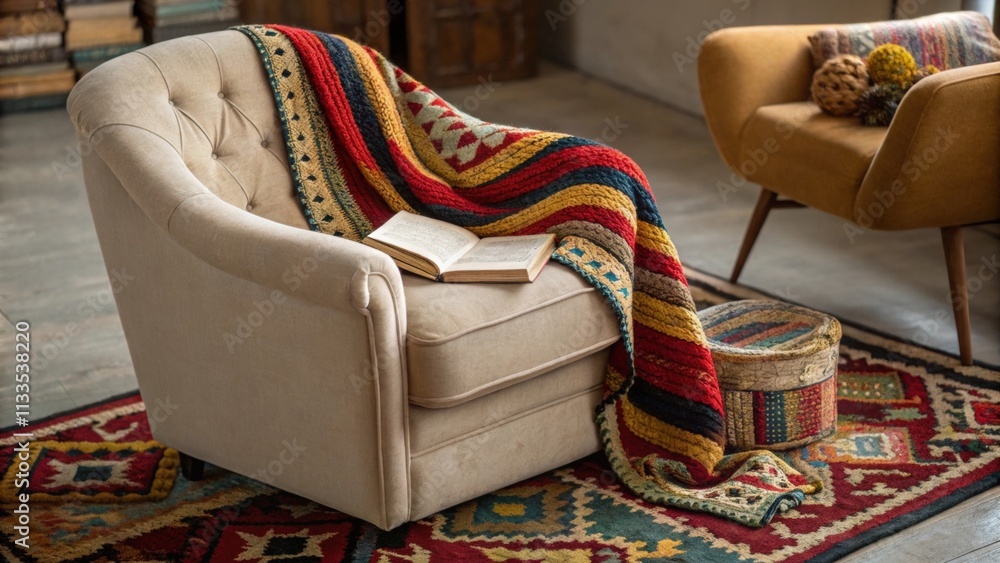 Poster A snug reading corner showcases a generously cushioned armchair draped with a colorful knitted blanket complemented by bold patterned textiles and a richly textured area rug