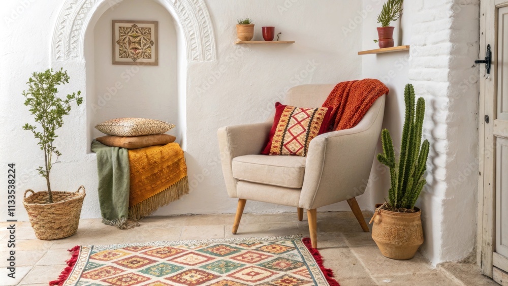 Aufkleber A serene nook highlights a soft inviting armchair paired with an array of bold textiles while a beautifully designed Moroccan area rug grounds the space enhancing its cozy
