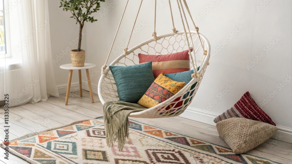 Poster a restful spot featuring a hanging chair decorated with multicolored pillows layered over a patterne