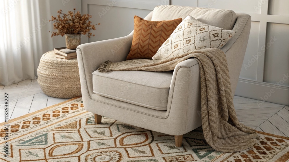 Poster A comfortable armchair enveloped in a layer of soft pillows and a cozy throw is positioned on an ornate handcrafted rug that features geometric patterns creating a stylish