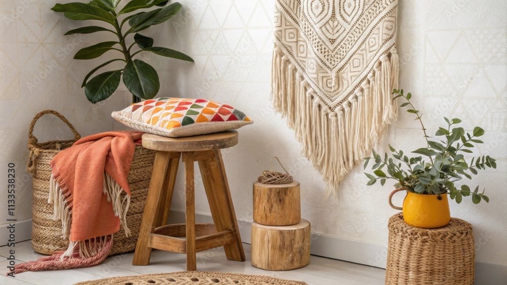 Poster A stylish corner setup showcasing detailed macrame wall art bold eclectic throws that add splashes of color and a handcrafted wooden stool that adds to the earthy aesthetic.