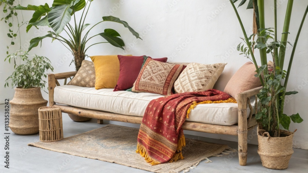 Poster a relaxed seating area with a rustic daybed enveloped in an assortment of bright textiles accentuate