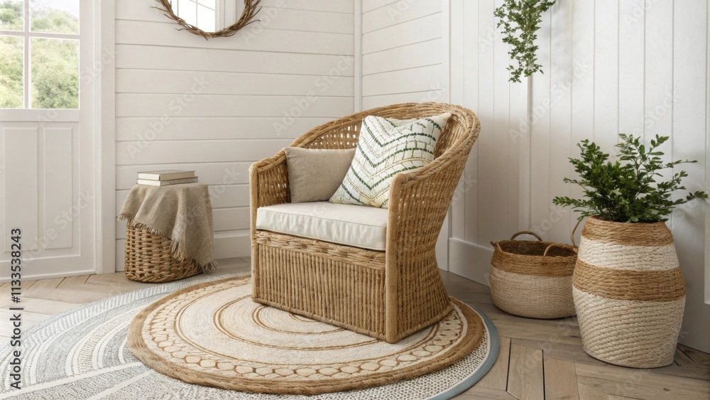 Poster A serene nook emphasizes a woven wicker armchair decorated with dynamic patterns while multiple layered rugs provide depth and warmth to the cozy reading environment.