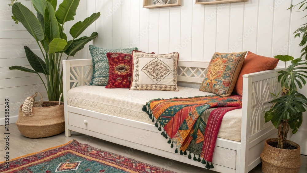 Poster a serene corner with a laidback daybed dressed in eclectic textiles surrounded by an inviting decor 