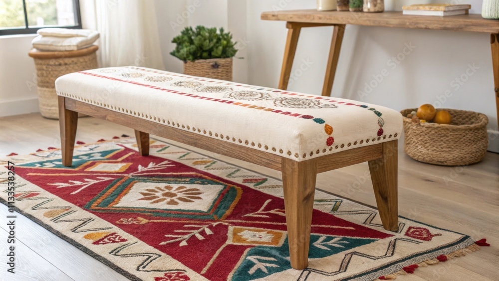 Poster a minimalist wooden bench with decorative colorful stitching complements a bold area rug creating an