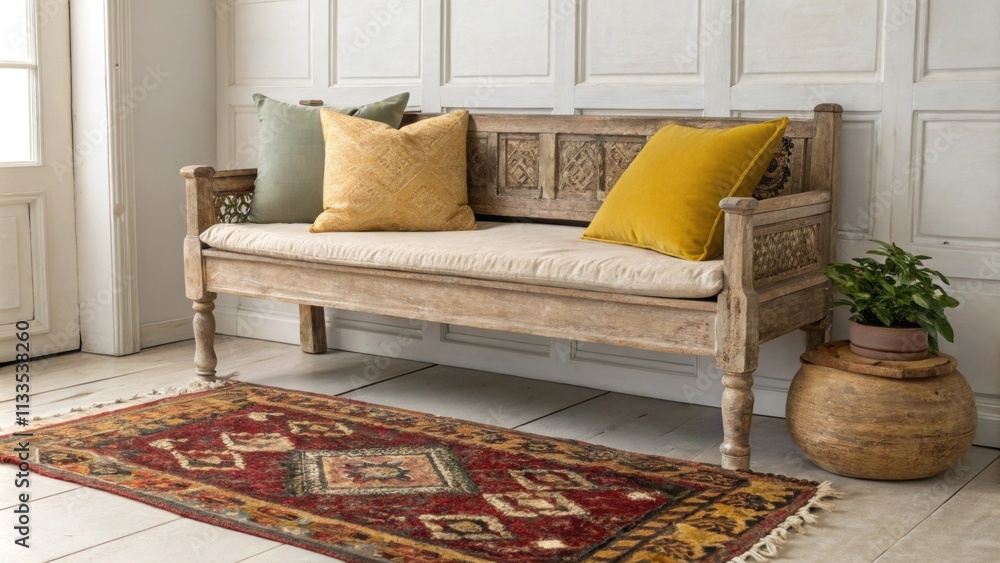 Poster a vintagestyle bench crafted from aged wood features a mix of lively plush cushions alongside a rich